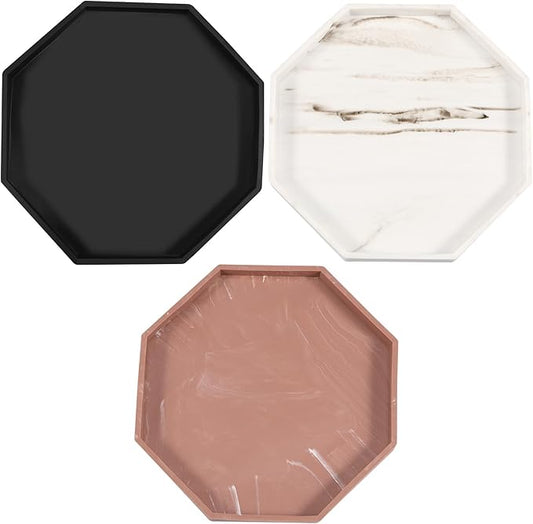 3Pcs Bathroom Trays with Anti Slip Bottom Decorative Silicone Vanity Trays Space Saving Perfume Trays for Candle Soap Shampoo (Octagon)