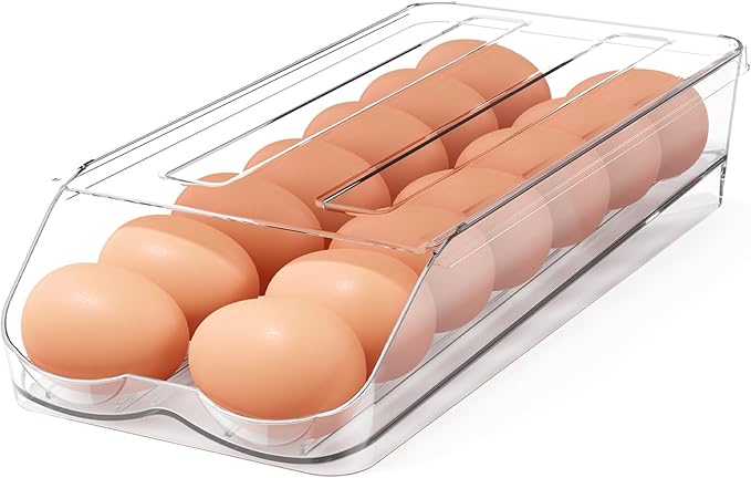 Egg Holder for Fridge,Automatic Rolling Egg Container for Refrigerator,Clear Stackable Egg Organizer with Removable Lid for Fridge Organizers and Storage,1 pack