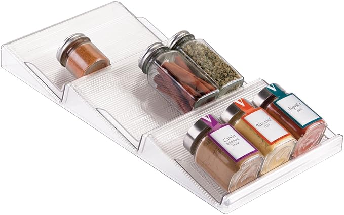 mDesign Expandable Plastic Deluxe Spice Rack, Drawer Organizer for Kitchen Cabinet Drawers, 3 Tier Slanted for Spice Jars, Food Seasoning Bottle Storage, Ligne Collection - Clear