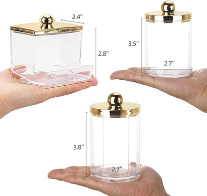 Tbestmax 3 Pack Qtips Dispenser - Bathroom Organizers and Storage Containers, Plastic Apothecary Jars with Gold Lids for Cotton Ball Swab Round Pads, Floss - Gold