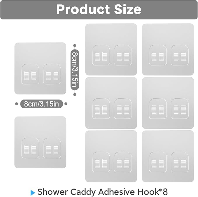 8 Pack Shower Caddy Adhesive Replacement, Strong Adhesive Double Hooks for Shower Shelf, Waterproof Adhesive Hooks, No Drilling, for Bathroom Shelves, Kitchen Racks and Soap Holder