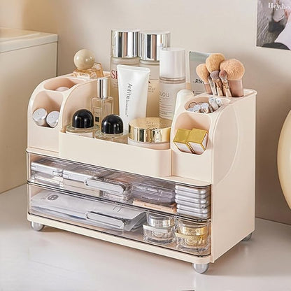 Extra Large Makeup Organizer with 2 Wide Drawers Divided Top Compartment, Spacious Cosmetic Display Case, 4 Colors Skincare Storage box for Vanity and Countertop (Beige)