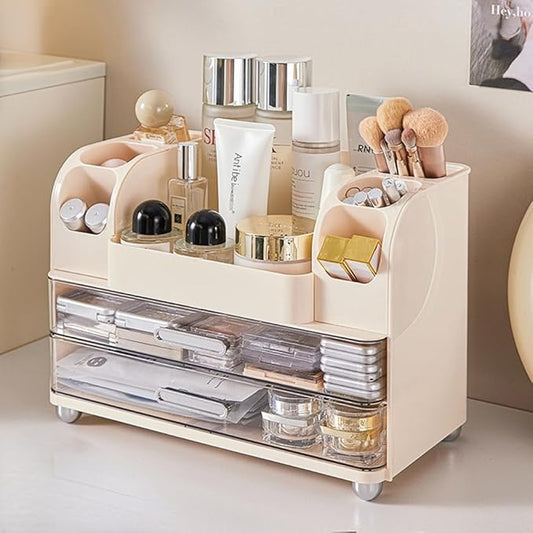 Extra Large Makeup Organizer with 2 Wide Drawers Divided Top Compartment, Spacious Cosmetic Display Case, 4 Colors Skincare Storage box for Vanity and Countertop (Beige)