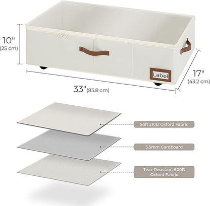 StorageWorks Under Bed Storage with Wheels, 10" Underbed Storage Containers with Lid, 90L Clothes Organizer for Blankets, Sweaters, Bedding, 2-Pack, Beige