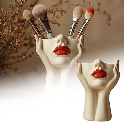 Women's Head Shape Boho Feminist Decoration, Minimalist Statue Storage Decor Face Makeup Brush Holder, Modern Statue Storage Makeup for Table Shelf Living Room Office (Beige 4.72 * 6.69 * 3.15in)