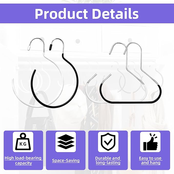 20 Pcs Scarf Ring Hangers (Black and white) Anti-Slip Wardrobe Storage Accessories for Ties Hat Hooks Scarves Belts Tank Tops