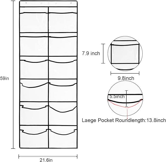 Clear Crystal 1 Pack 12Pockets Large Hanging Shoe Organizer Over The Door Shoe Rack for Closet Door Storage Shoe Holder Hanger, 4Hooks, White (59'' x 21.6'')