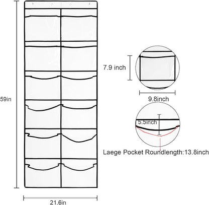 Clear Crystal 1 Pack 12Pockets Large Hanging Shoe Organizer Over The Door Shoe Rack for Closet Door Storage Shoe Holder Hanger, 4Hooks, White (59'' x 21.6'')