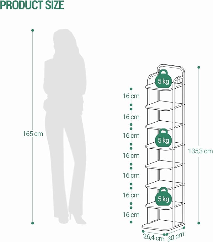 Hzuaneri 8 Tiers Vertical Shoe Rack, Narrow Shoe Tower, Tall Shoes Shelf with 2 Hooks, Adjustable Shelves, Corner Shoes Shelves for Small Spaces, Entryway, Living Room, White SR04313W