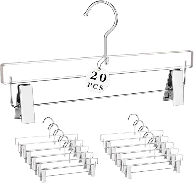 Besser 20Pcs Silver Acrylic Pants Hangers,Clear Hangers with Bright Silver Hooks,Luxurious Skirt Pants Hangers Clips for Clothing Closet Storage