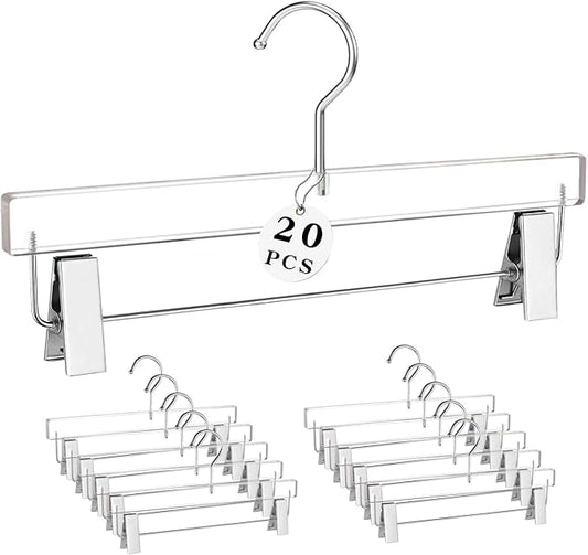Besser 20Pcs Silver Acrylic Pants Hangers,Clear Hangers with Bright Silver Hooks,Luxurious Skirt Pants Hangers Clips for Clothing Closet Storage