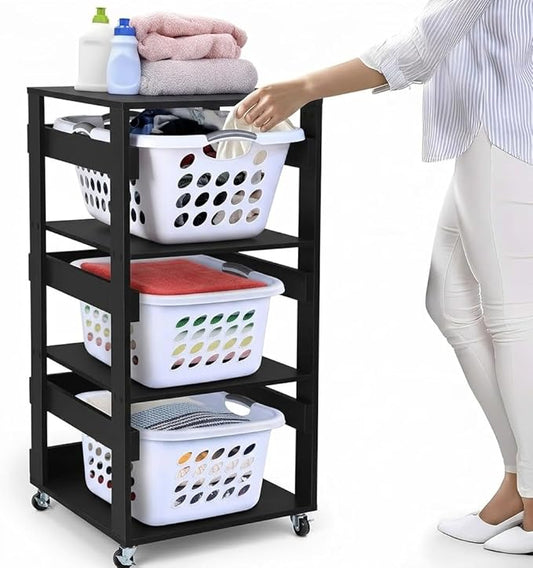 Laundry Basket Holder Shelf – Stackable Engineered Wood Laundry Tower, Tiered Hamper Organizer for Bathroom, Bedroom, Closet (Black, 3 Tier)