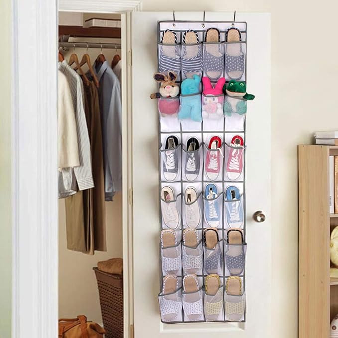 Alvinlite Over The Door Hanging Shoe Organizer 24 Mesh Non-Woven Fabric Pockets Hanging Shoe Racks with 3 Metal Hooks Doors Shoe Storage Pockets for Closet Door for Men Women Kids, White Medium