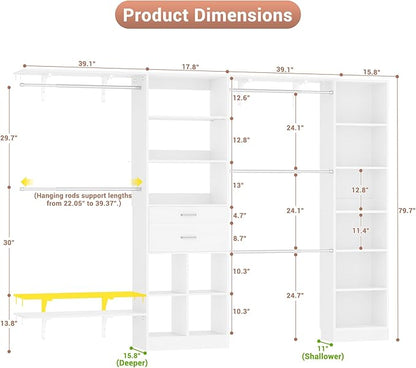 Besiost Closet System - 9.4FT/112" Closet Organizer System with Wooden Drawers,Closet Systems for Walk-In Closets with Hang Rods and Open Cabinet