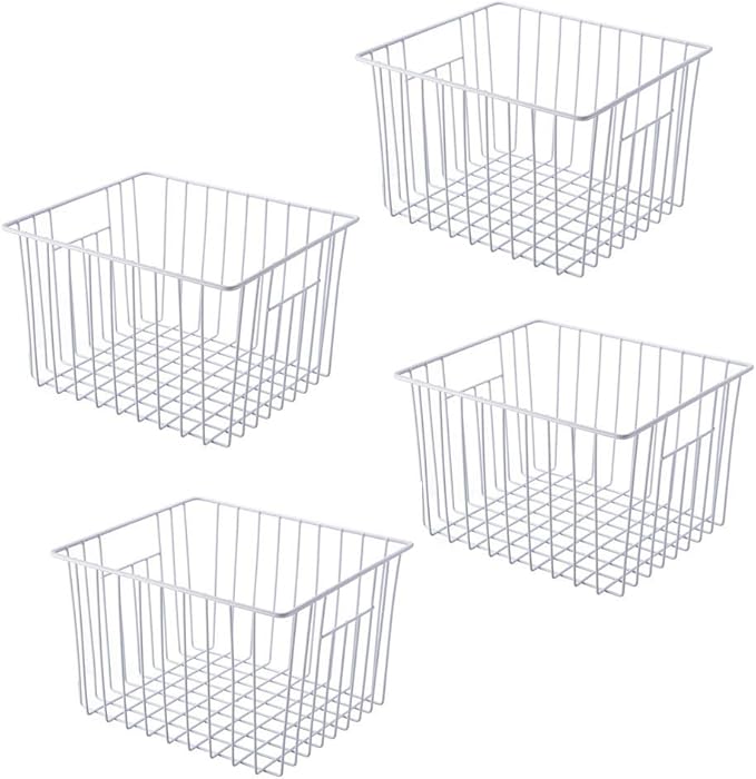 Freezer Organizer Bin, Kitchen Metal Wire Storage Basket, Pantry Cupboard Household Container Divider with Handles, Bathroom, Closet, Bedroom, Office, Rustproof - White（4）