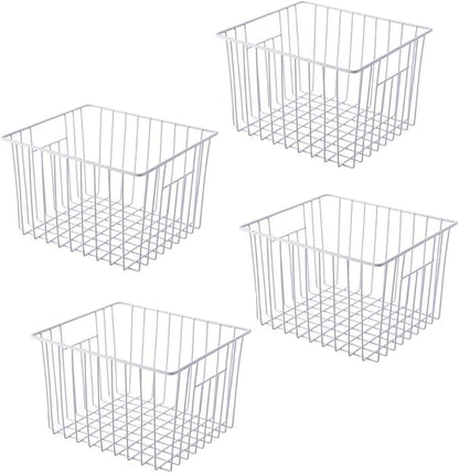 Freezer Organizer Bin, Kitchen Metal Wire Storage Basket, Pantry Cupboard Household Container Divider with Handles, Bathroom, Closet, Bedroom, Office, Rustproof - White（4）