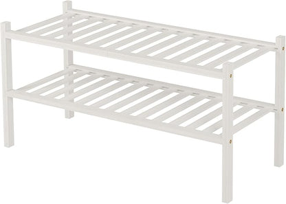 ROMGUAR CRAFT 2 Tier Bamboo Shoe Rack for Closet Free Standing Wood Shoe Shelf for Entryway Small Space Stackable 27"x11"x13" (White)