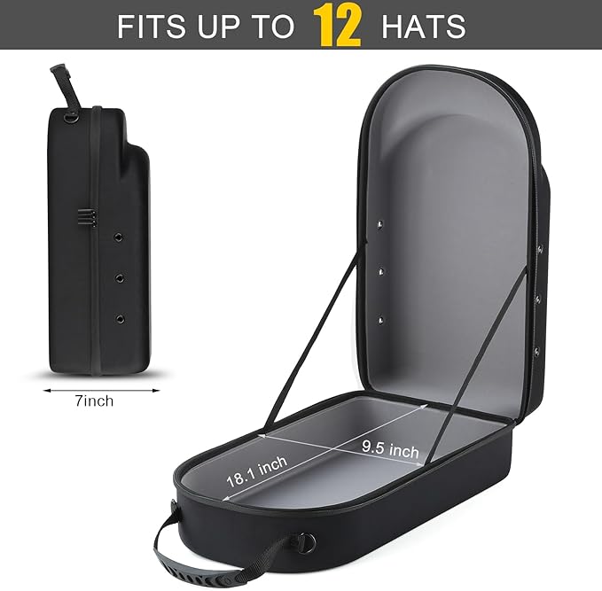GERMUN Hard baseball hat case, Hat Carrier Travel Case with Adjustable Shoulder Strap, Hat cap case for 12 Baseball Caps - Perfect for Traveling & At-Home Storage (Black with Grey)