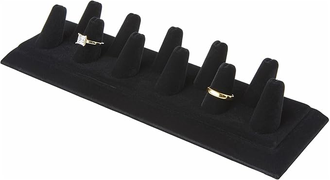 Plymor Black Velvet Ring Finger Display, Eleven on Rectangular Base, 11.125" W x 3.375" D x 2.125" H (Pack of 6)