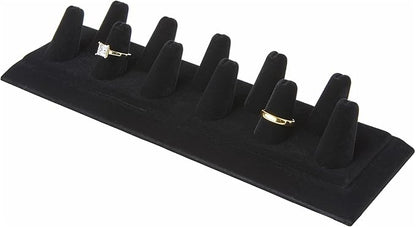 Plymor Black Velvet Ring Finger Display, Eleven on Rectangular Base, 11.125" W x 3.375" D x 2.125" H (Pack of 6)