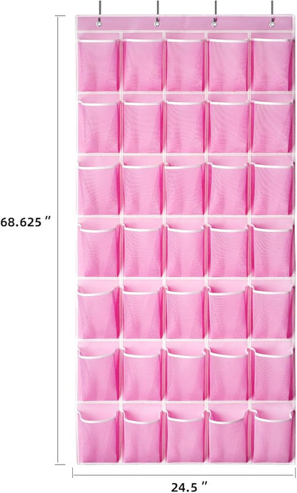 SAVERHO 35 Pockets Over the Door Shoe Organizer, Hanging Shoe Organizer for Door with 35 Mesh Pockets Large Capacity Shoe Hanging Storage Bag with 4 Metal Hooks (Pink-1Pack)