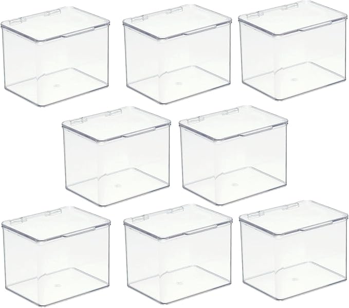 mDesign Plastic Bathroom Storage Organizer Box w/Hinge Lid for Closet, Shelf, Cupboard, Vanity, Hold Medicine, Lotion, Cotton Swabs, Masks, Styling Tools, Lumiere Collection, 8 Pack, Clear