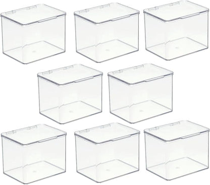 mDesign Plastic Bathroom Storage Organizer Box w/Hinge Lid for Closet, Shelf, Cupboard, Vanity, Hold Medicine, Lotion, Cotton Swabs, Masks, Styling Tools, Lumiere Collection, 8 Pack, Clear