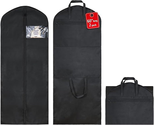 2 Pack 60"Garment Bags for Suits, Long Dress,Coats Lightweight Foldable with Travel Handle, Closet Storage and Travel-Friendly with Transparent Inner Bag Set, Black