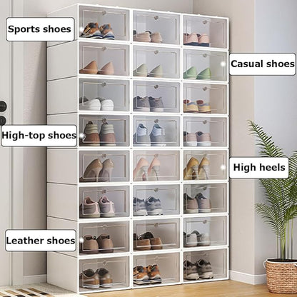 24PCS Transparent Plastic Shoe Box Organizer,Portable Folding Shoe Rack with Clear Door, Space Saving Sneaker Container Bin Holder,Easy To Clean And Install,White