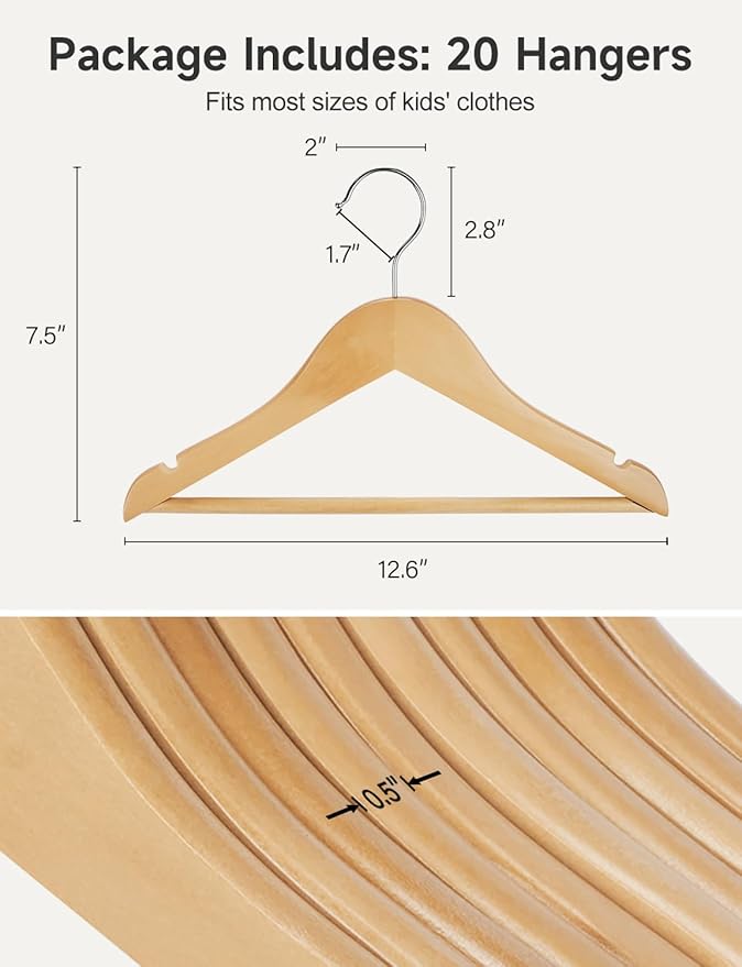 StorageWorks Baby Hangers 20 Pack, Maple Wood Clothes Organizer for Toddler, Kids Wooden Hanger with Pant Bar for Closet, Natural Maple Wood Color