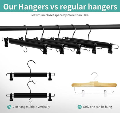 Black Wooden Hangers for Pants and Skirts - 10 Pack, Premium Quality Noise Reduction Coated Hook, Durable Two-Way Sure Grip Clips, Closet Organization, Non-Slip & Space Saving