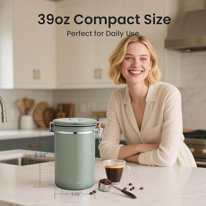 Veken Coffee Canister, 39OZ Large, Airtight Stainless Steel Food Storage Container for 2.2lbs Coffee Beans, Ground, Sugar, Tea, Flour, Cereal, Kitchen Bar Accessories with Date Tracker & Scoop, Green