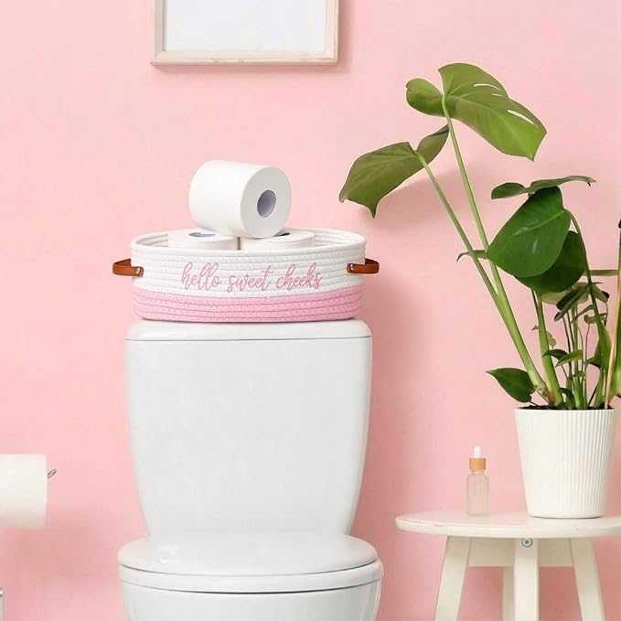 Hello Sweet Cheeks Bathroom Decoration Pink and White Cotton Rope Toilet Basket Toilet Paper Holder Basket Rustic Bathroom Organizer Farmhouse Home Decoration Organizing Small Baskets