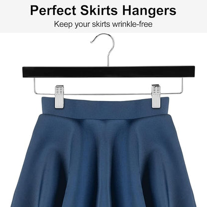 AMKUFO 20pcs Wooden Pants Hangers Solid Pants Hangers with Adjustable Clips 14 Inch Black Wood Skirt Hangers Trousers Bottom Hangers with Non-Slip Clips and 360° Swivel Hook