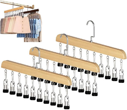 Hat Hangers for Closet,Space Saving Hanging Hats Organizer with 10 Clips,Wooden Legging Hangers 3 Pack,360° Rotating Closet Organizer for Pants, Skirts and Socks Storage (Set of 3,Natural)