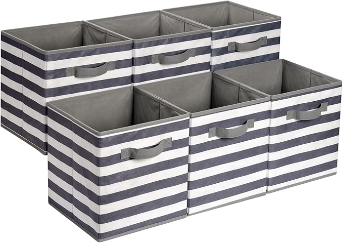 Amazon Basics Collapsible Fabric Storage Bins with Handles, Cube Organizer for Home Organization, 10.5"x10.5"x11", White/Light Grey Stripe, 6-Pack