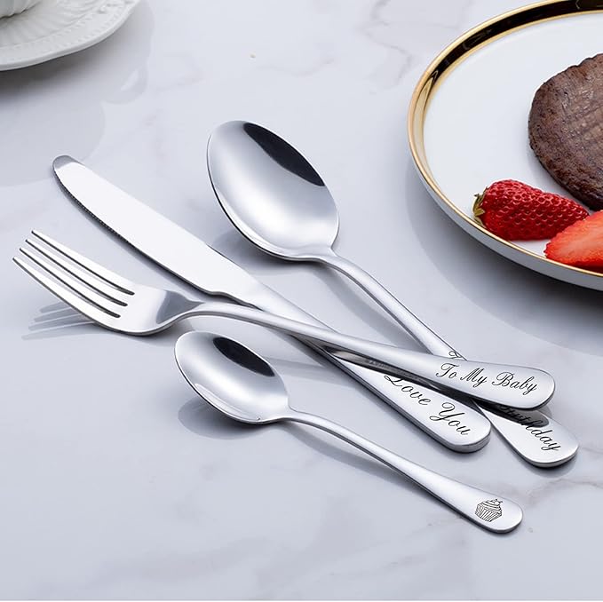 Custom Engraved Cutlery,Customized Tableware Set With Gift box, Personalized Lettering Name Fork/Knife/Spoon Stainless Steel Cutlery, Customized Gifts For Mama Nana Papa. (Silver)