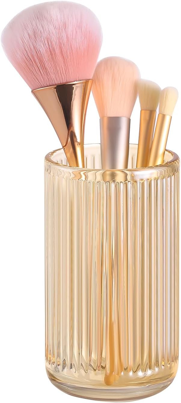 DASITON Makeup Brush Holder Organizer, Crystal Glass Makeup Brushes Storage Holder, Vintage Make Up Brush Cup for Vanity, Pen Pencil Holder for Desk, Toothbrush Holders for Bathroom (Coffee L)