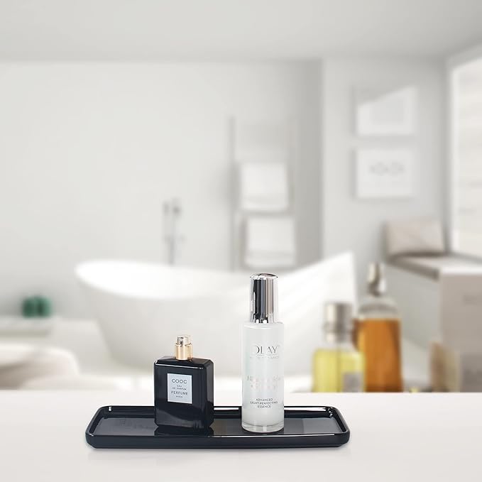 Black Ceramic Vanity Tray, Small Rectangle Tray, Counter Tray for Kitchen Sink, Marble Bathroom Tray, Organizer for Candle, Soap, Jewelry, Perfume, Towel Holder for Decoration Bedroom(Large)