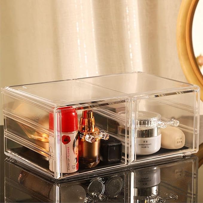 Cq acrylic Clear Stacking Make Up Organizers and Storage With 2 Drawers,4.7" Tall Acrylic Medicine Cabinet Organizer,Plastic Desktop Drawers Organizer for Vanity, Undersink, Kitchen Cabinets,Bathroom