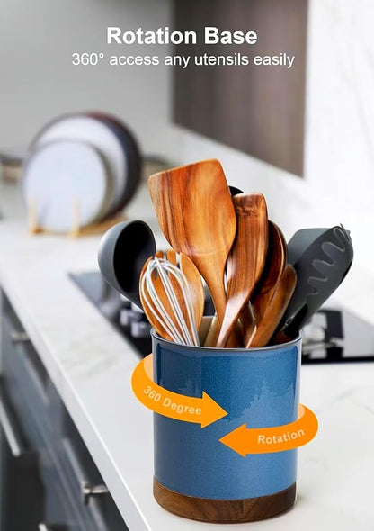 Nucookery 360°Rotating Utensil Holder, 7.2" Large Utensil Crock, White Ceramic Cooking Utensil Organizer,Farmhouse Kitchen Decor Christmas Thanksgiving Gift (Royal blue)