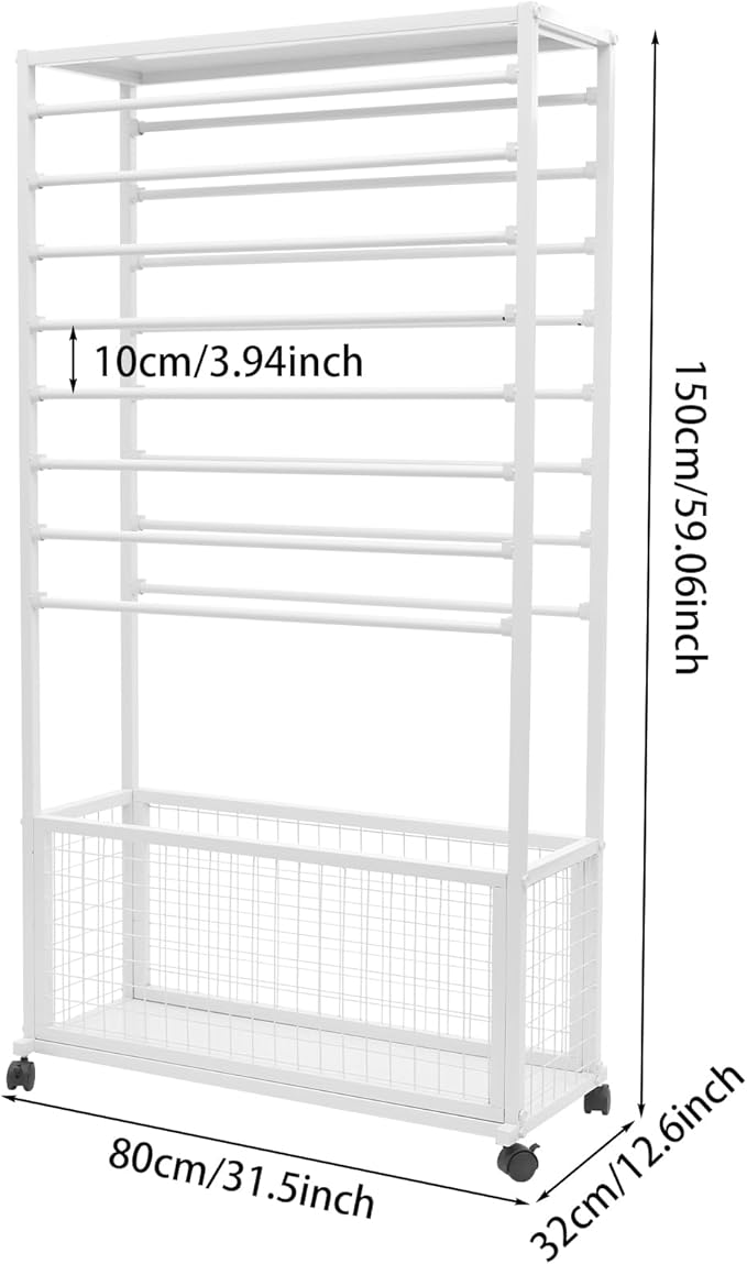 Ribbon Organizer Rack, Double-Sided 16 Tier Ribbon Storage Holder, Floral Wrapping Paper Spool Stand Racks for Craft Room, Scarf Tie Belt Towel Display Shelf Sewing Station Cart, White, 31.5in Wide