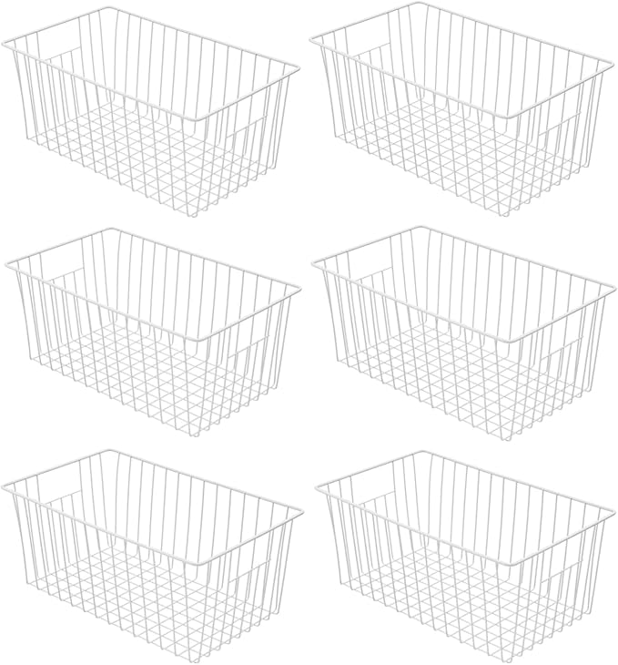 16" Upright Freezer Organizer Baskets, Wire Storage Bins Large Bakset for Freezer, Pantry, Kitchen, Bathroom Organizing, White, Set of 6