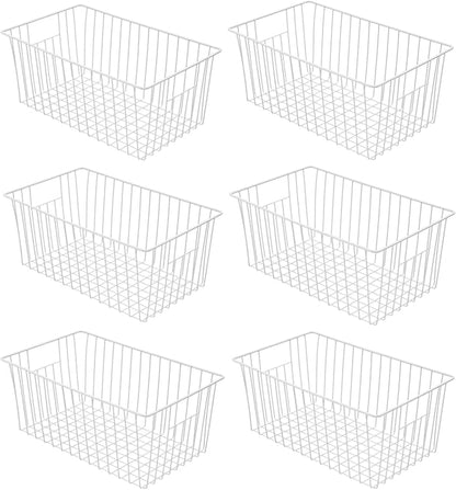16" Upright Freezer Organizer Baskets, Wire Storage Bins Large Bakset for Freezer, Pantry, Kitchen, Bathroom Organizing, White, Set of 6