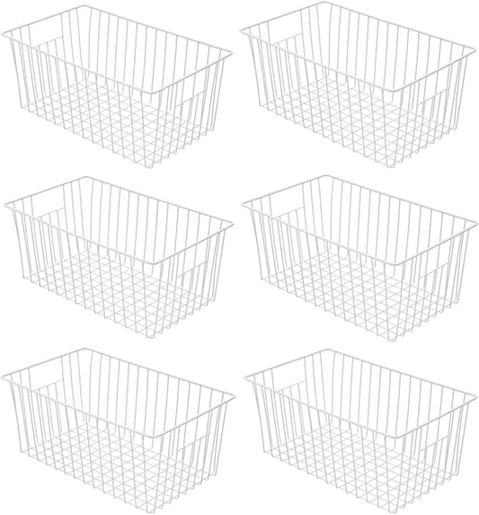 16" Upright Freezer Organizer Baskets, Wire Storage Bins Large Bakset for Freezer, Pantry, Kitchen, Bathroom Organizing, White, Set of 6