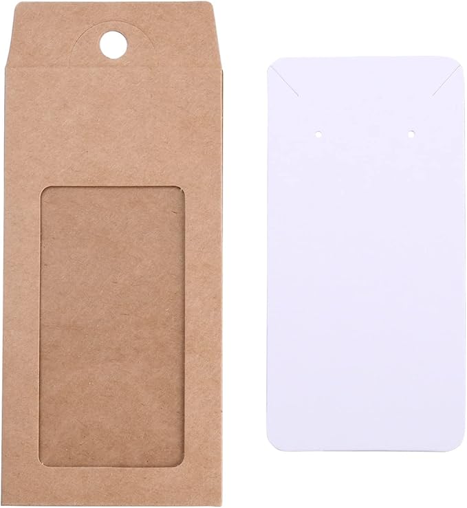 Stiesy 100 Pcs Kraft Paper Necklace Display Cards Cardboard Paper Jewelry Box Presentation Box with PVC Window for Jewelry Display