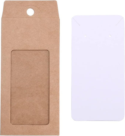 Stiesy 100 Pcs Kraft Paper Necklace Display Cards Cardboard Paper Jewelry Box Presentation Box with PVC Window for Jewelry Display