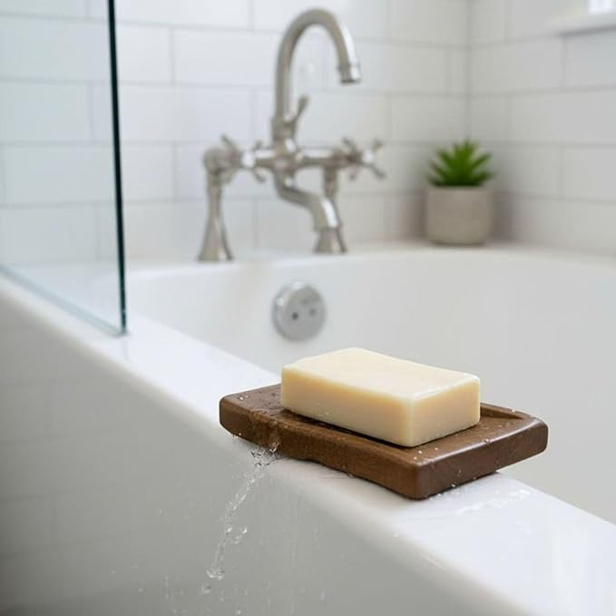 Wood Self-Draining Bar Soap Holder, Natural Rubberwood Soap Dish with 3 Drainage Holes, Non-Slip Soap Saver Tray for Bathroom & Kitchen, Rustic Wooden Sponge/Soap Case, Brown, 1-Pack
