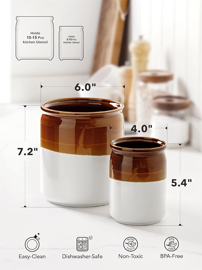LE TAUCI Kitchen Utensil Holder, 7.2" & 5.4" Ceramic Utensil Crock for Countertop, Large Heavy Weighted Spatula Organizer, Rustic Farmhouse Decor, Vintage Two-Tone Glaze, Set of 2, Brown & White