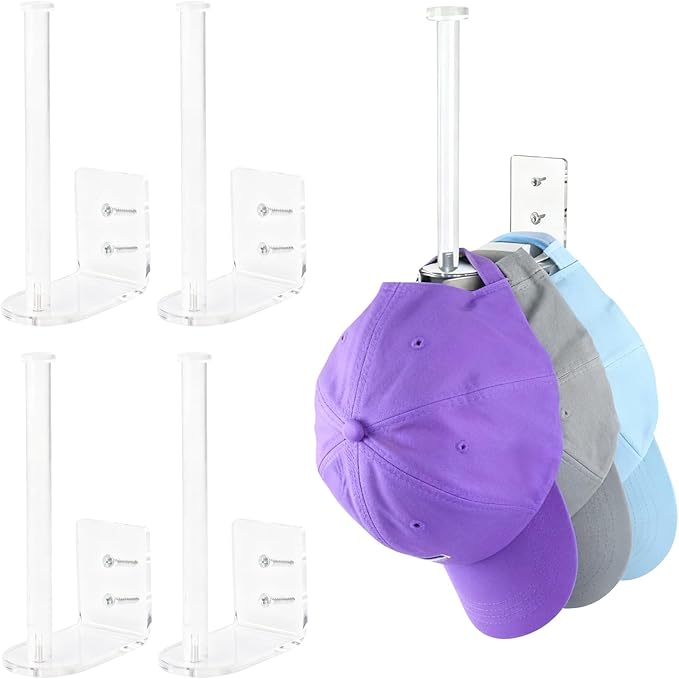 4 Pack Hat Racks for Baseball Caps, Clear Acrylic Hat Organizer Ball Hat Hook for Wall Baseball Cap Wall Mounted Hats Holder Storage Organizer for Door, Closet, Bedroom(Clear 6Inch)
